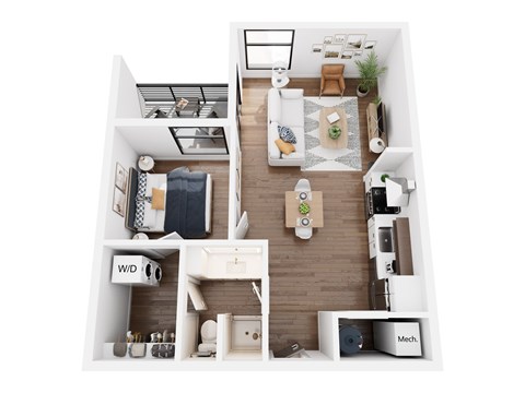 Floor plan for 1 bed, 1 bath, 635 sqft